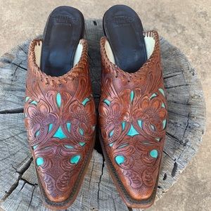 Custom Made Hand Tooled Turquoise Inlay Mule 10.5